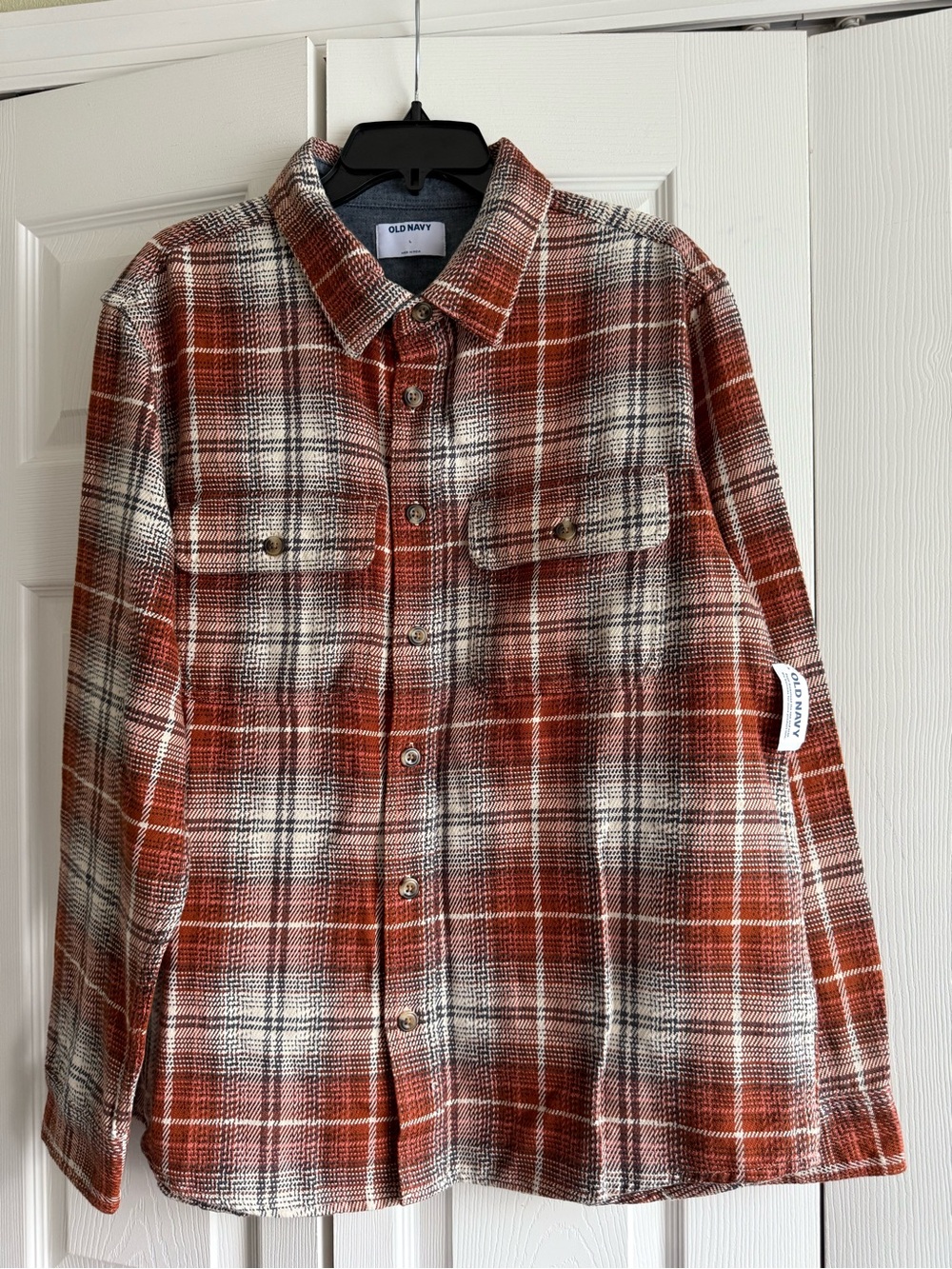 Old Navy Men's Rust Plaid Button-Up Plaid Pocket Shirt Cotton